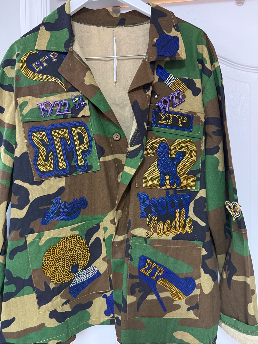 New SGRho Camo Jacket with Blue & Gold Sorority Embellishments